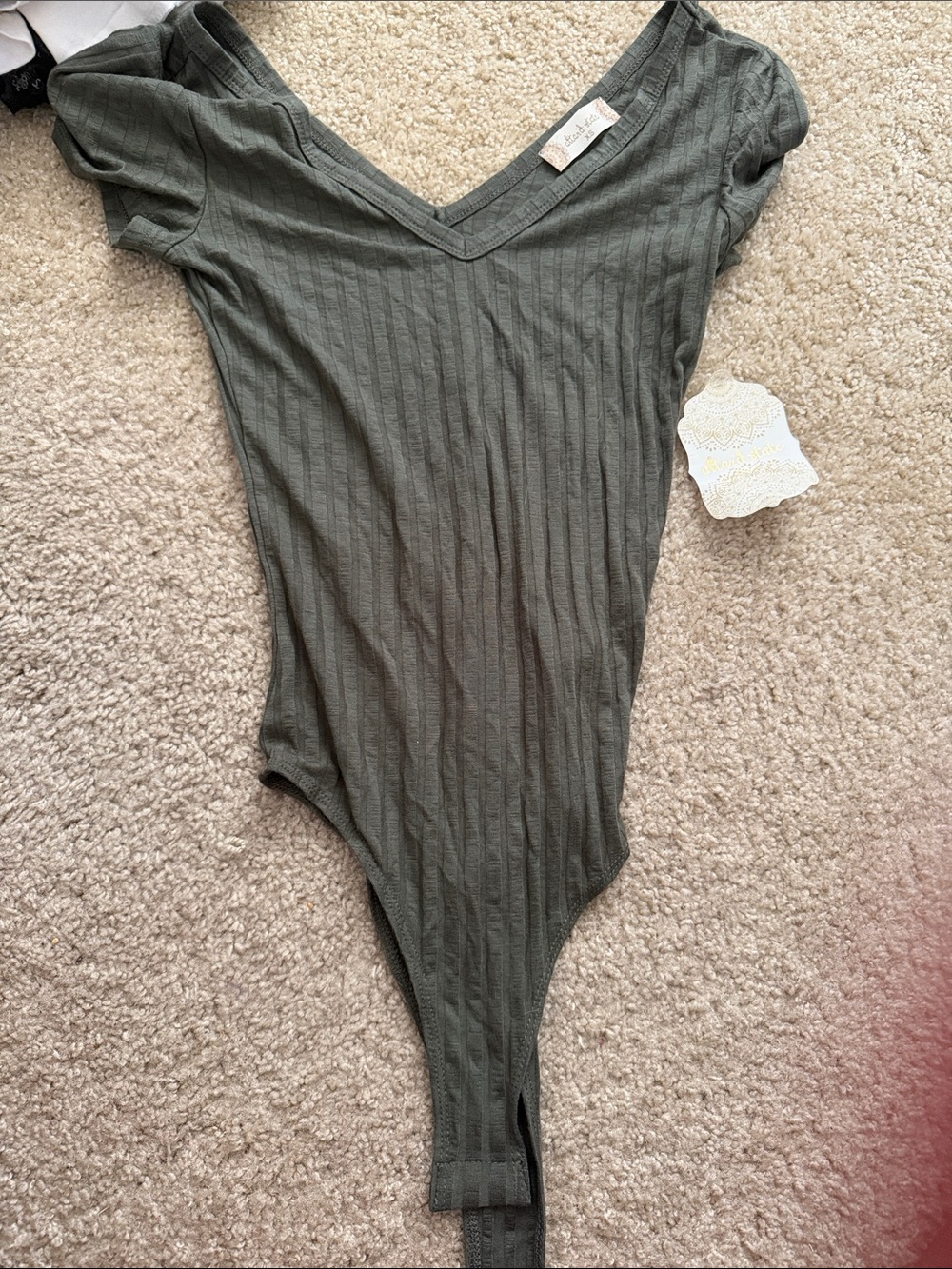 Altar'd State Olive Ribbed V-Neck Short Sleeve Bodysuit